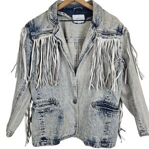 Sergio Valente acid-washed blue denim jacket white leather fringe trim, size S‎